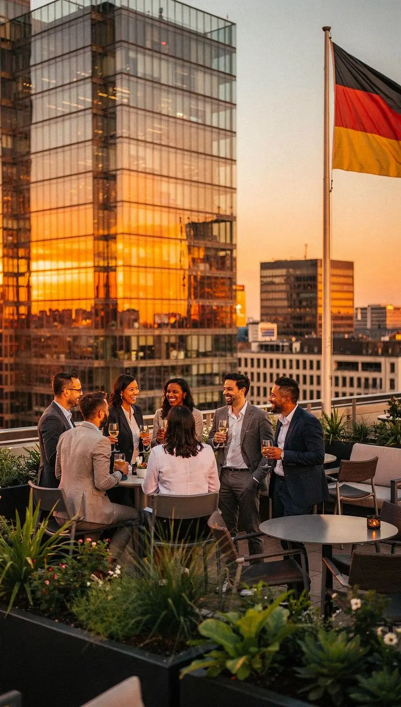 Entspannter Treffpunkt im urbanen Park nahe Bürogebäude für Networking nach Arbeitsschluss